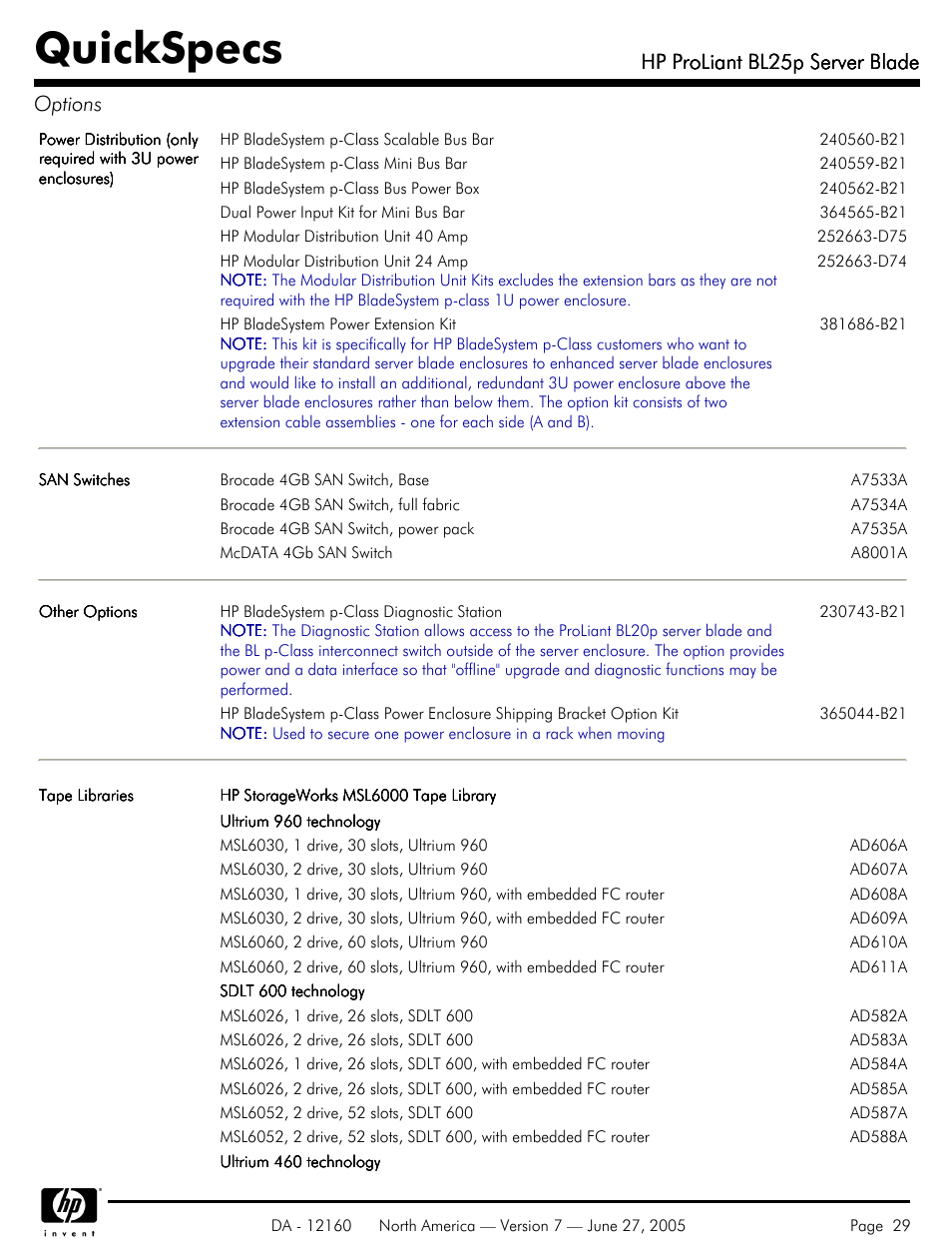 Quickspecs, Hp proliant bl25p server blade, Hp proliant bl25p server blade options | HP 275 User Manual | Page 29 / 45