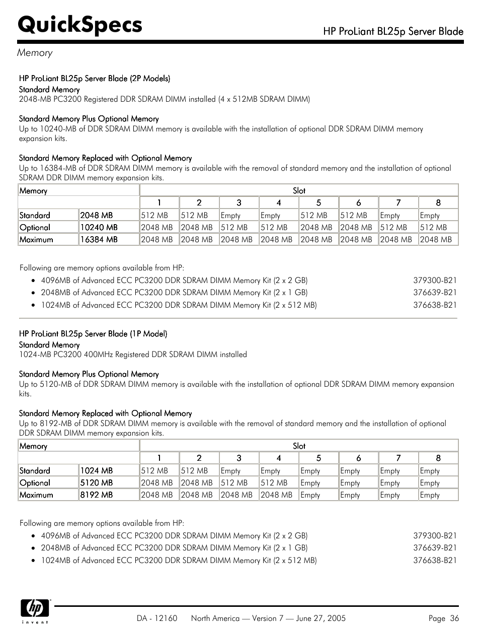 Memory, Quickspecs, Hp proliant bl25p server blade | HP 275 User Manual | Page 36 / 45