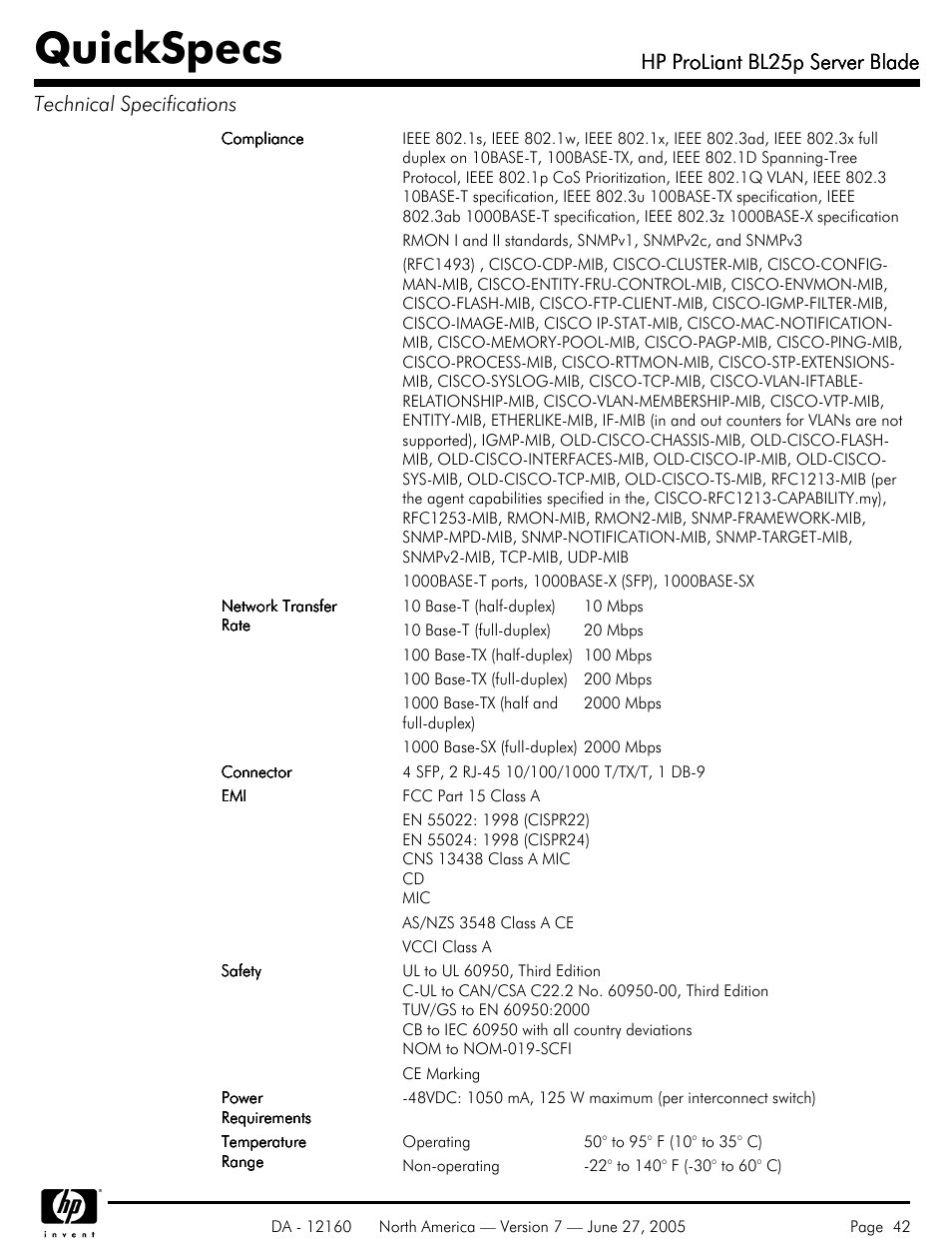 Quickspecs, Hp proliant bl25p server blade | HP 275 User Manual | Page 42 / 45