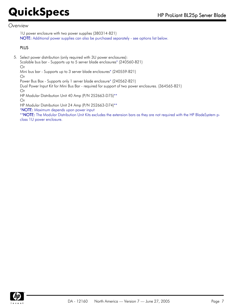 Quickspecs, Hp proliant bl25p server blade, Hp proliant bl25p server blade overview | HP 275 User Manual | Page 7 / 45