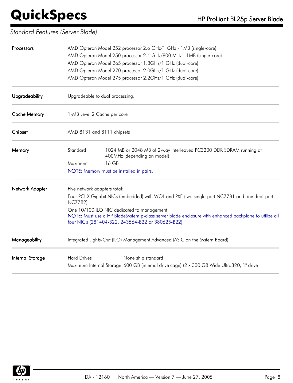 Standard features (server blade), Quickspecs, Hp proliant bl25p server blade | HP 275 User Manual | Page 8 / 45