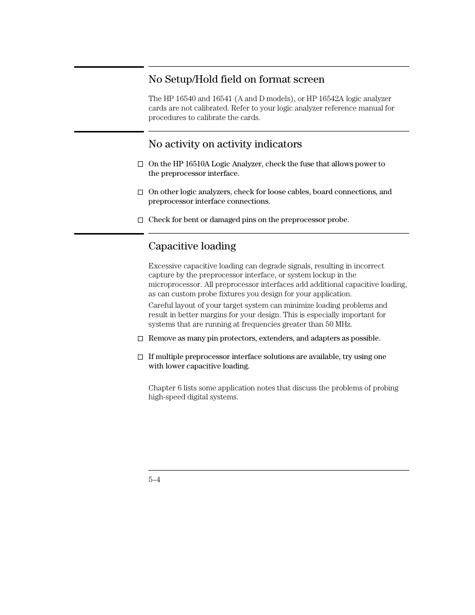 No setup/hold field on format screen, No activity on activity indicators, Capacitive loading | HP 16500C User Manual | Page 100 / 130