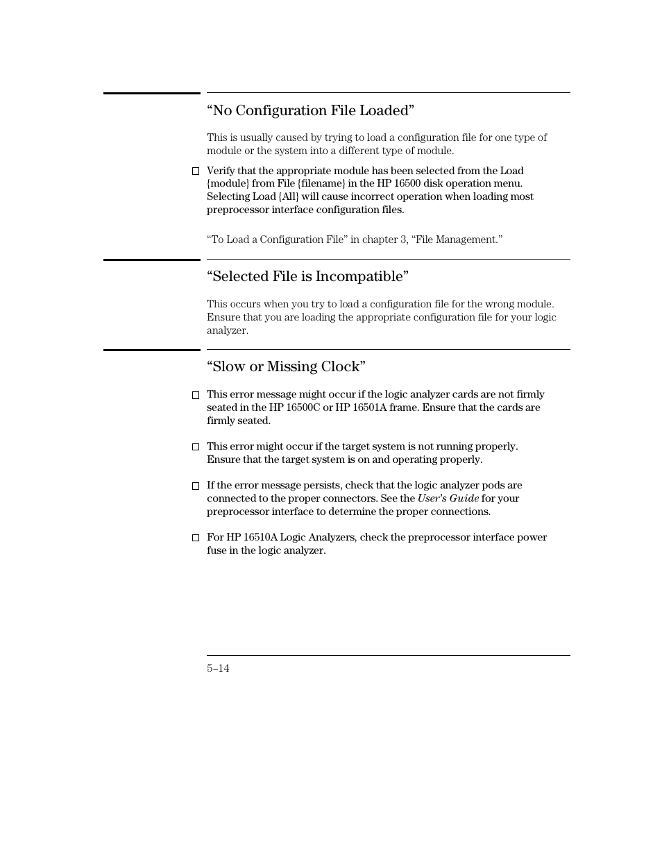 No configuration file loaded, Selected file is incompatible, Slow or missing clock | HP 16500C User Manual | Page 110 / 130