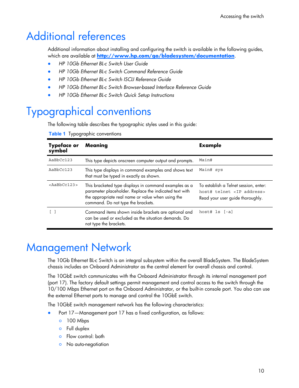 Additional references, Typographical conventions, Management network | HP 445946-001 User Manual | Page 10 / 198