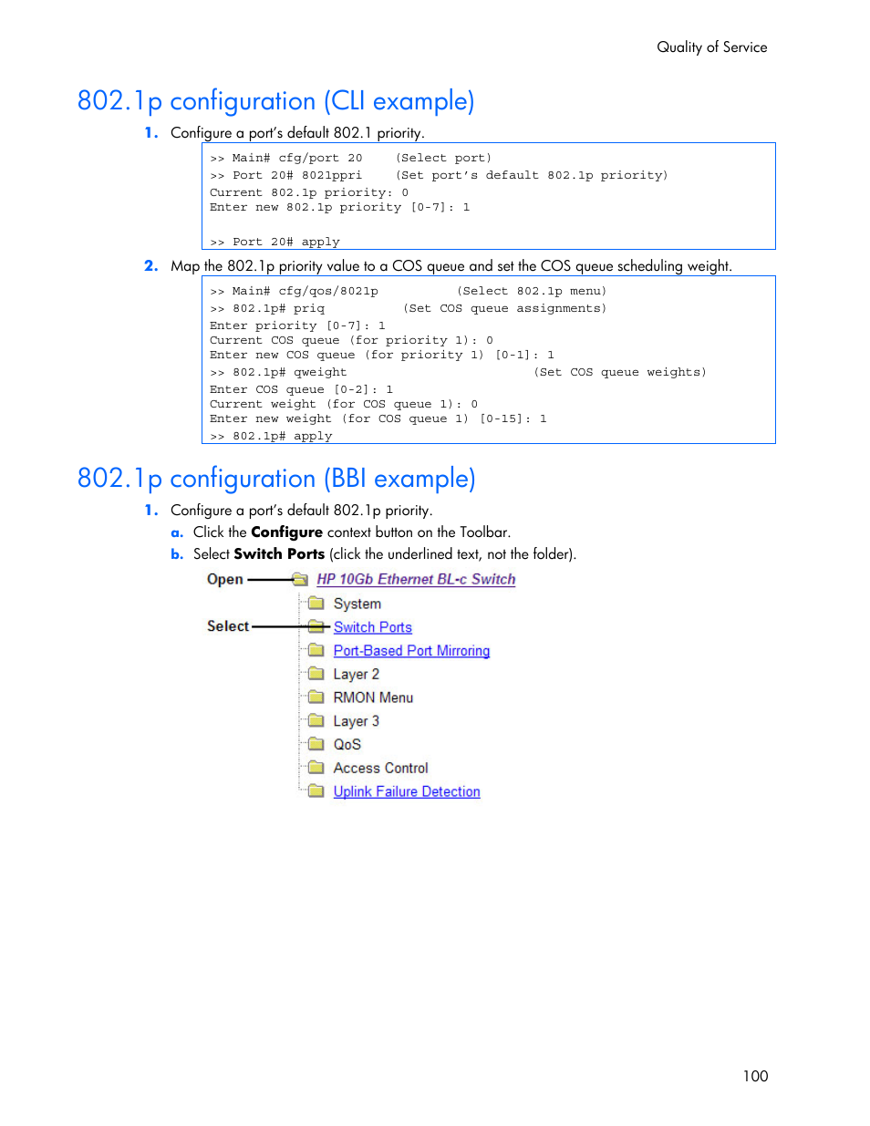 1p configuration (cli example), 1p configuration (bbi example) | HP 445946-001 User Manual | Page 100 / 198