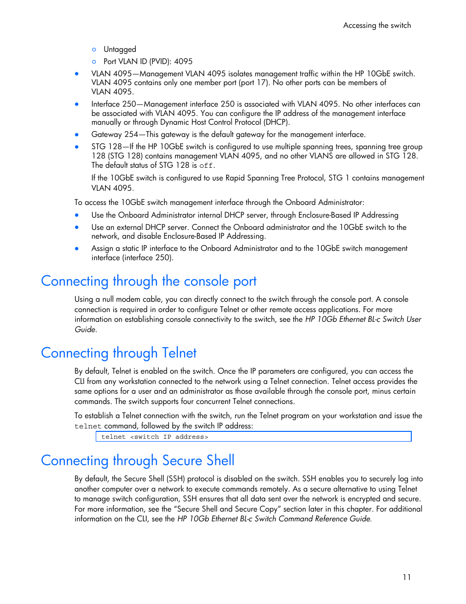 Connecting through the console port, Connecting through telnet, Connecting through secure shell | HP 445946-001 User Manual | Page 11 / 198