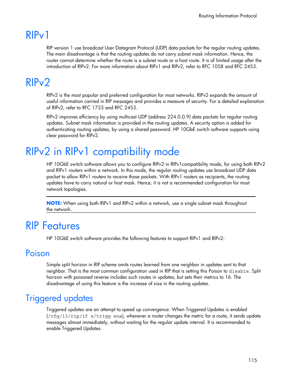 Poison, Triggered updates, Ripv1 | Ripv2, Ripv2 in ripv1 compatibility mode, Rip features | HP 445946-001 User Manual | Page 115 / 198