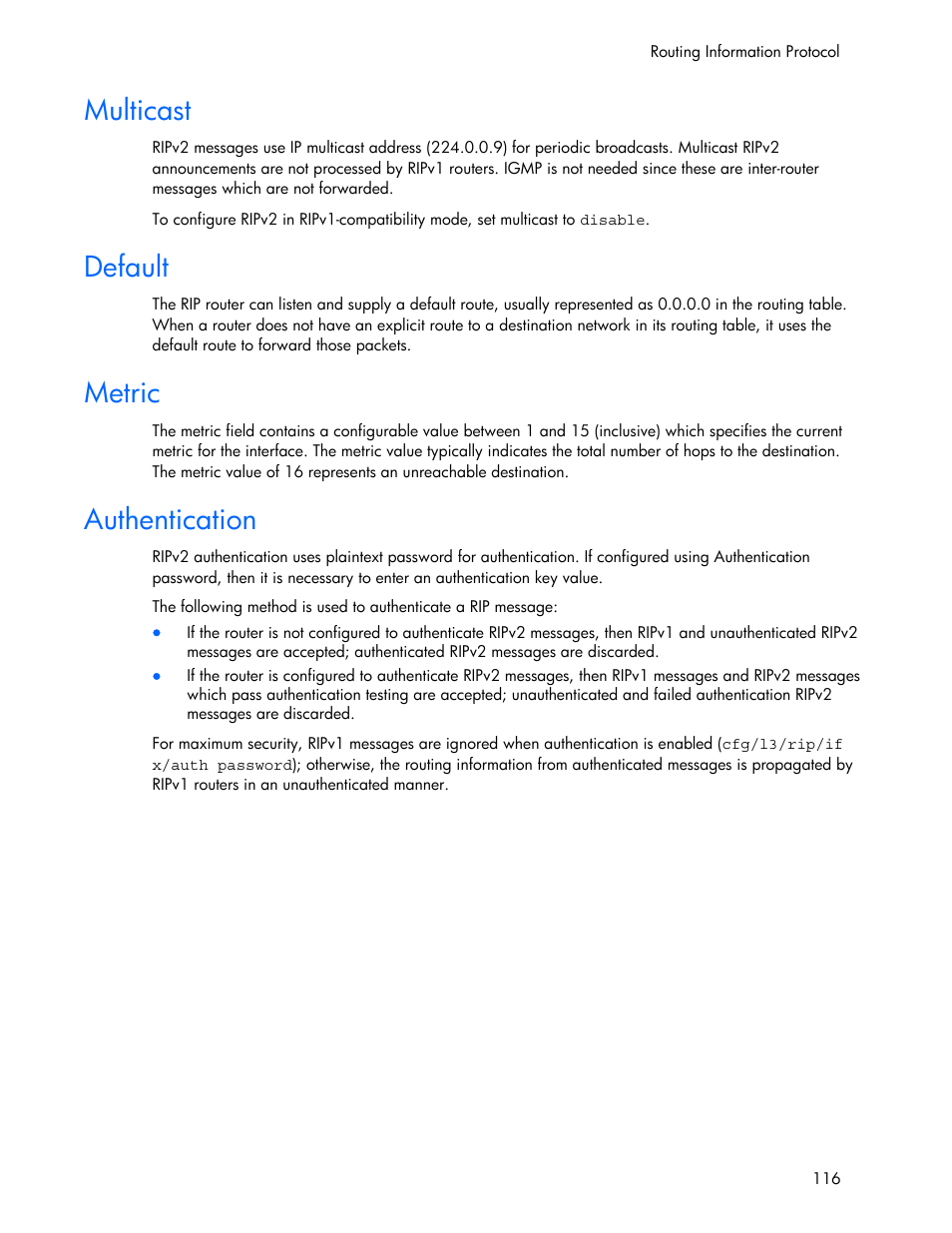 Multicast, Default, Metric | Authentication | HP 445946-001 User Manual | Page 116 / 198