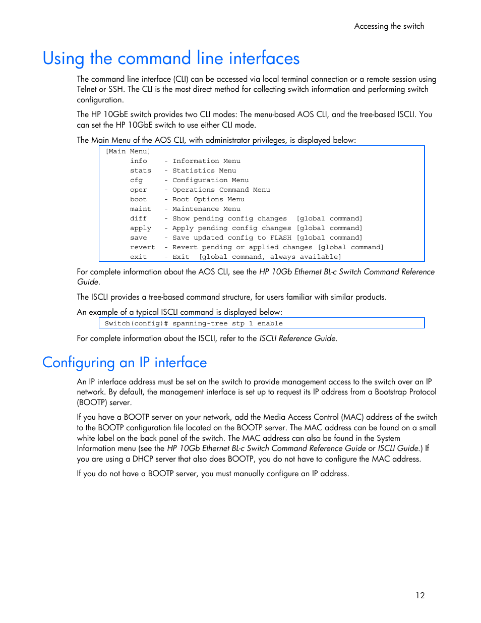Configuring an ip interface, Using the command line interfaces | HP 445946-001 User Manual | Page 12 / 198