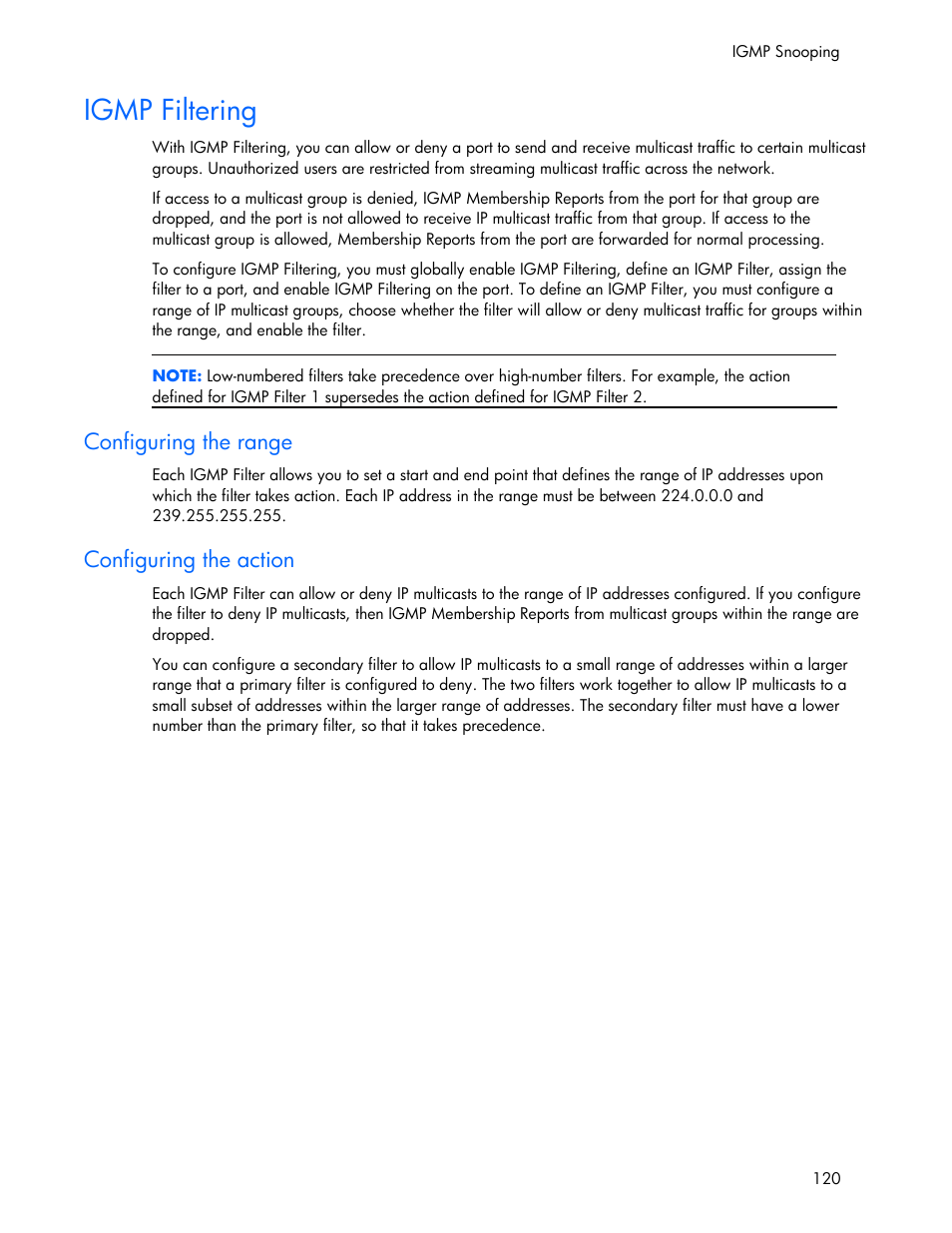 Igmp filtering, Configuring the range, Configuring the action | HP 445946-001 User Manual | Page 120 / 198