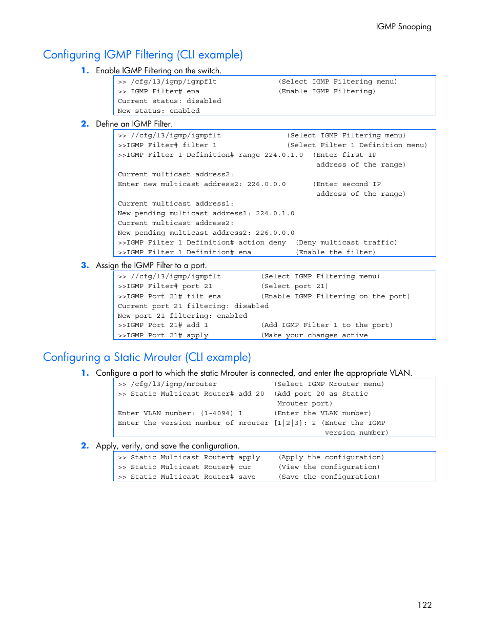 Configuring igmp filtering (cli example), Configuring a static mrouter (cli example) | HP 445946-001 User Manual | Page 122 / 198