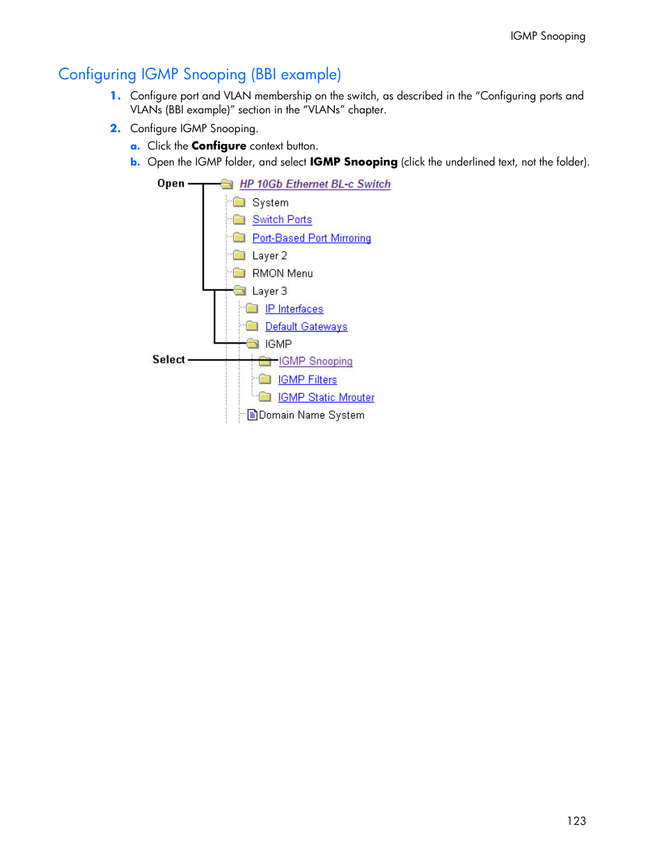 Configuring igmp snooping (bbi example) | HP 445946-001 User Manual | Page 123 / 198