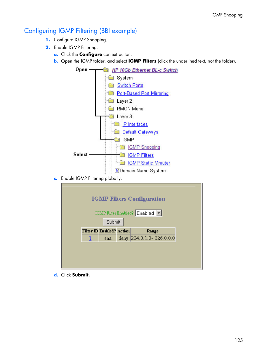 Configuring igmp filtering (bbi example) | HP 445946-001 User Manual | Page 125 / 198