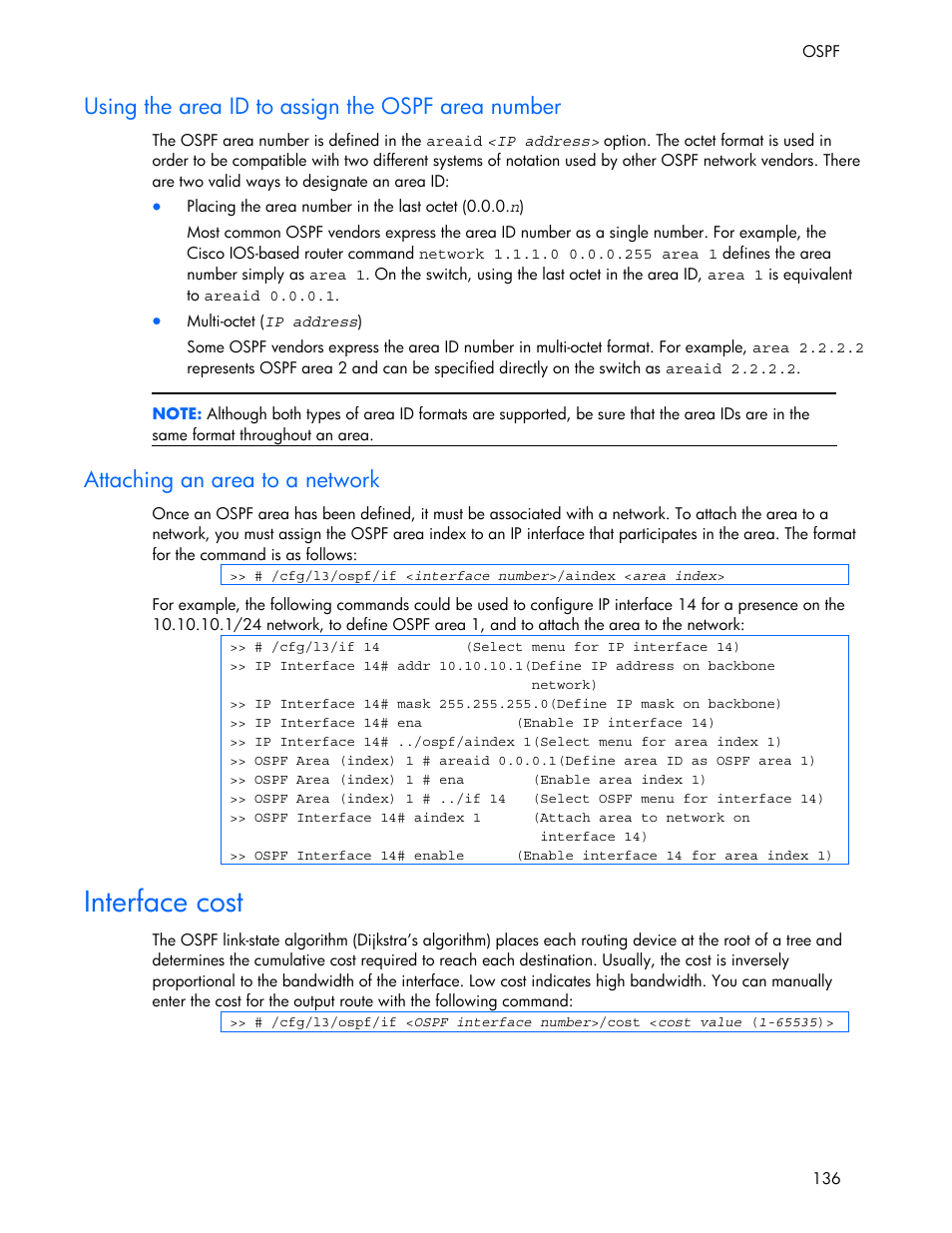 Using the area id to assign the ospf area number, Attaching an area to a network, Interface cost | HP 445946-001 User Manual | Page 136 / 198