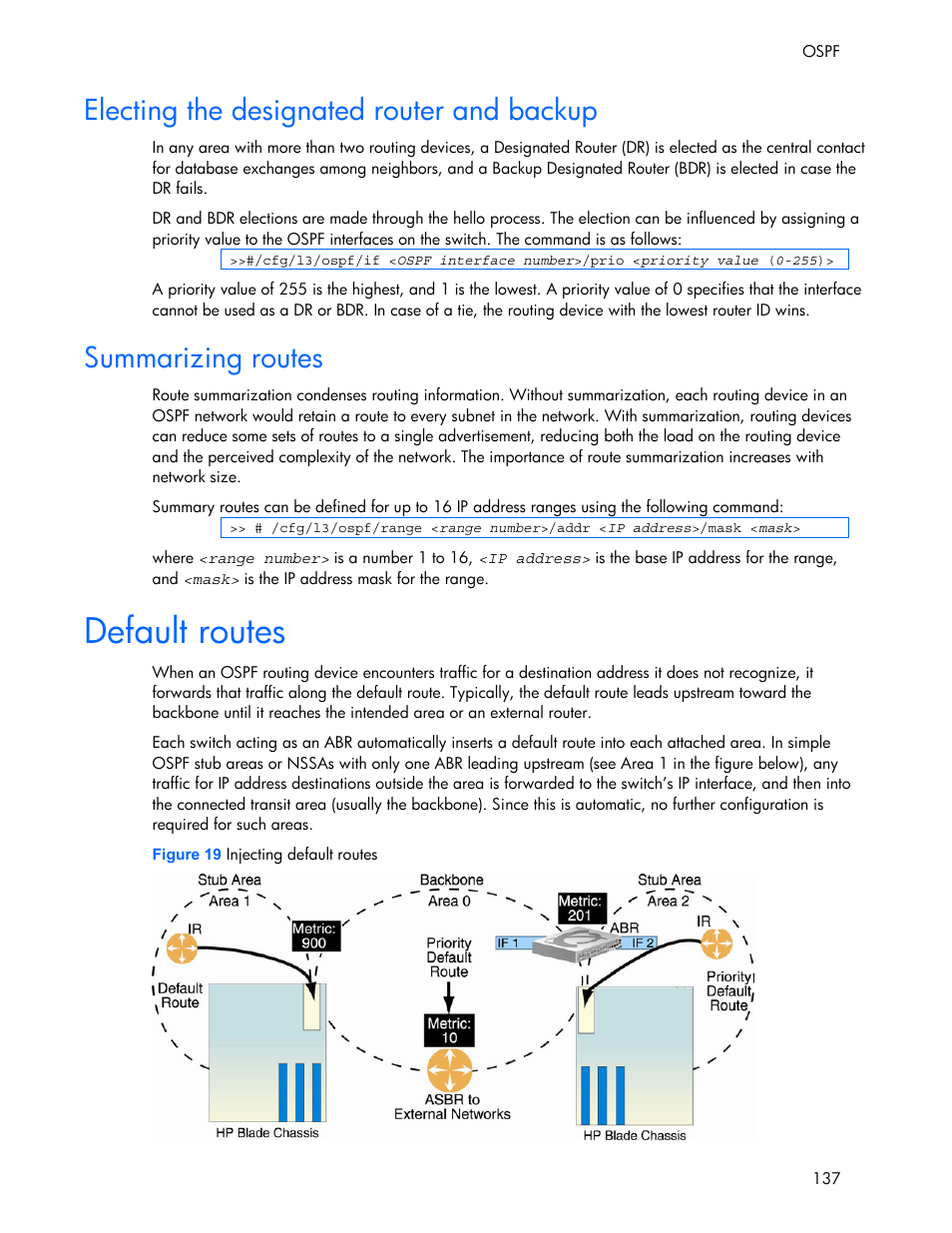 Electing the designated router and backup, Summarizing routes, Default routes | HP 445946-001 User Manual | Page 137 / 198