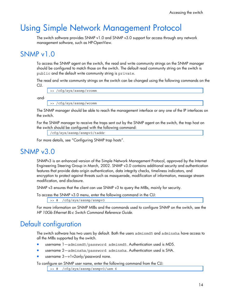 Snmp v1.0, Snmp v3.0, Default configuration | Using simple network management protocol | HP 445946-001 User Manual | Page 14 / 198