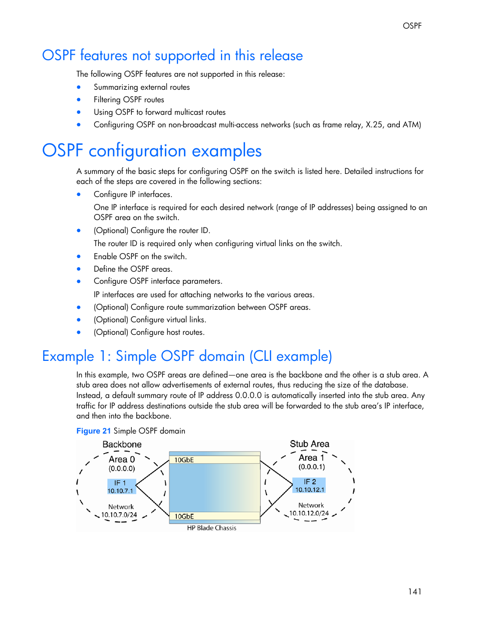 Ospf features not supported in this release, Example 1: simple ospf domain (cli example), Ospf configuration examples | HP 445946-001 User Manual | Page 141 / 198