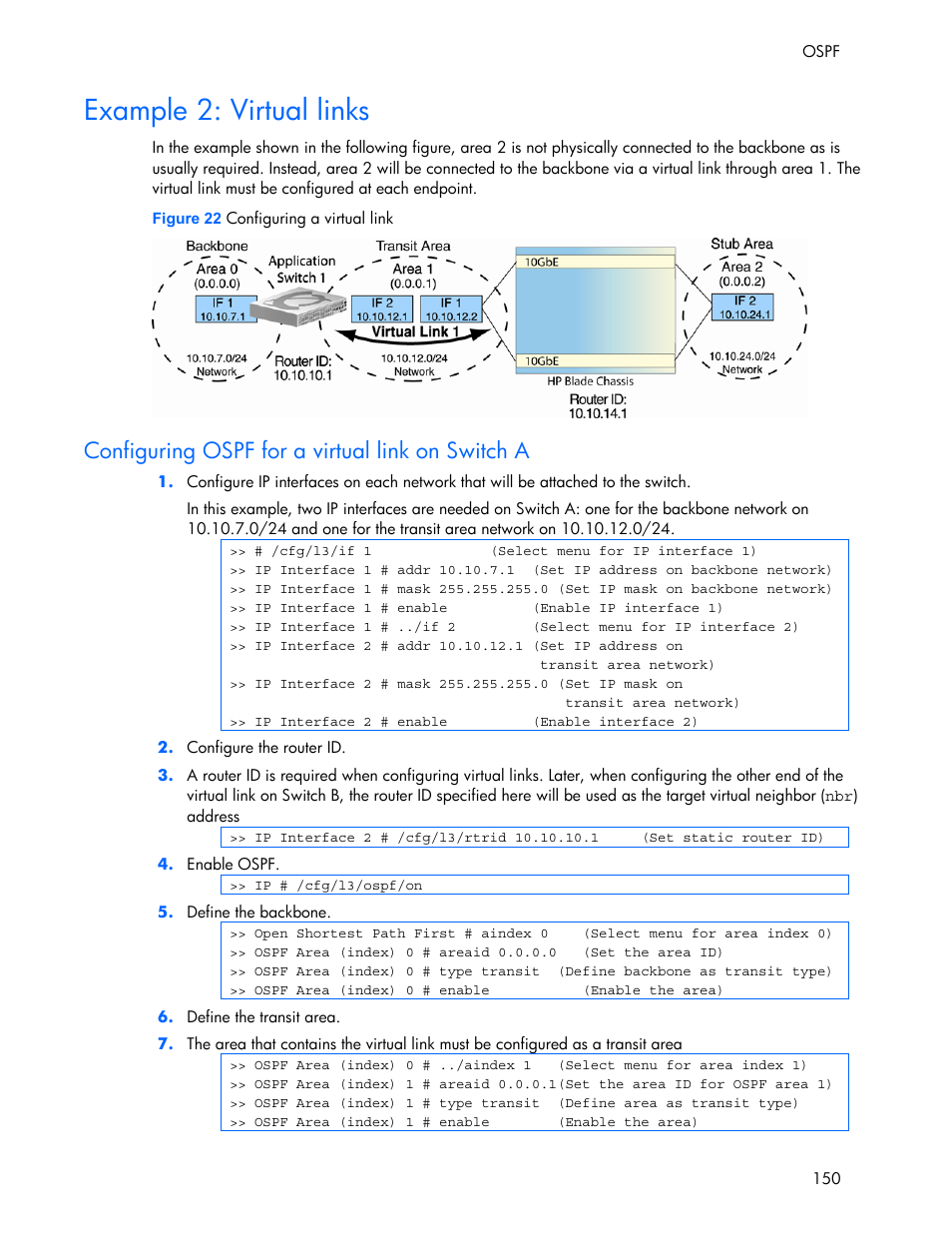 Example 2: virtual links, Configuring ospf for a virtual link on switch a | HP 445946-001 User Manual | Page 150 / 198