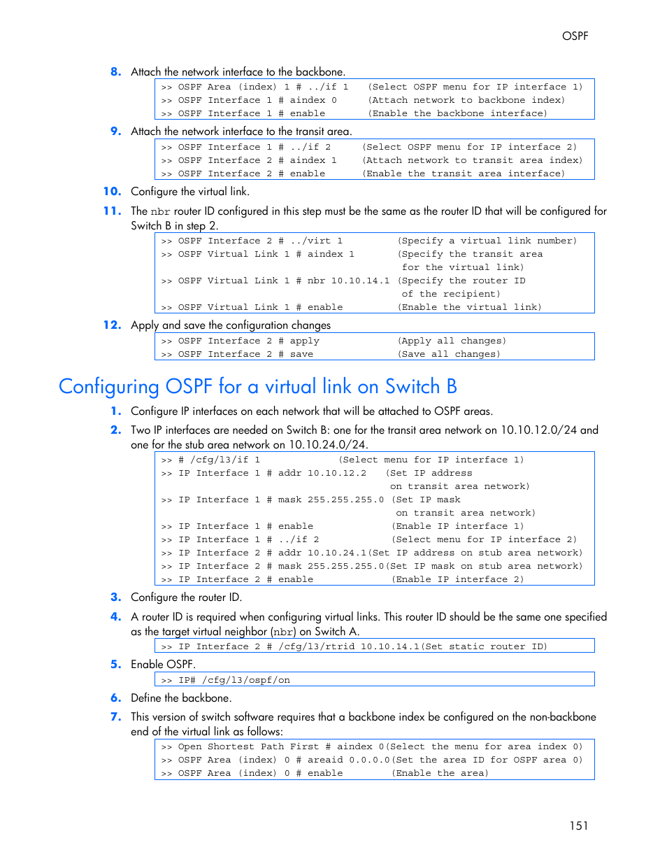 Configuring ospf for a virtual link on switch b | HP 445946-001 User Manual | Page 151 / 198