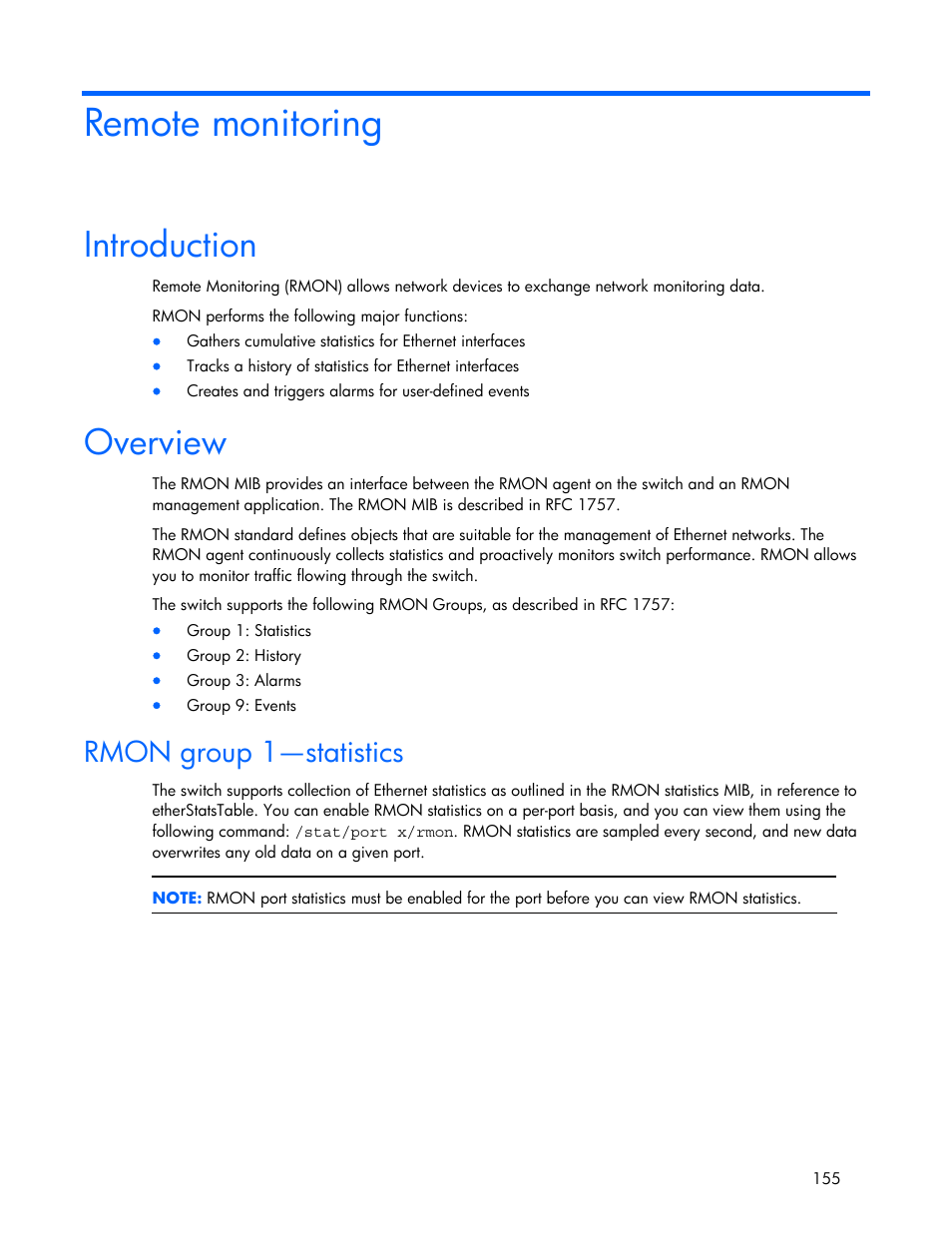 Remote monitoring, Rmon group 1—statistics, Introduction | Overview | HP 445946-001 User Manual | Page 155 / 198