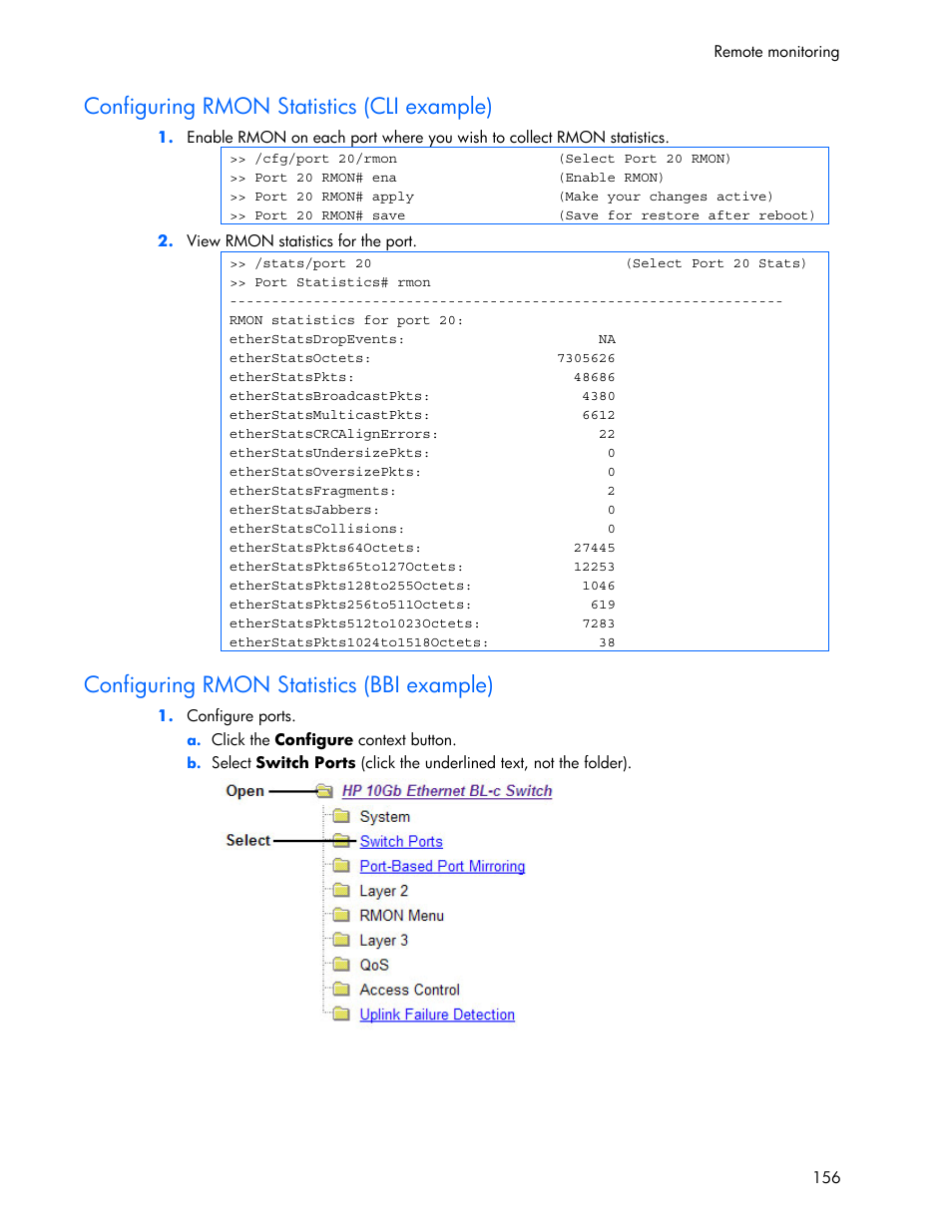 Configuring rmon statistics (cli example), Configuring rmon statistics (bbi example) | HP 445946-001 User Manual | Page 156 / 198