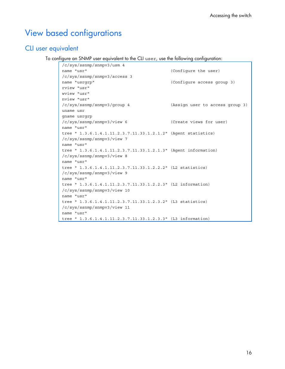 View based configurations, Cli user equivalent | HP 445946-001 User Manual | Page 16 / 198