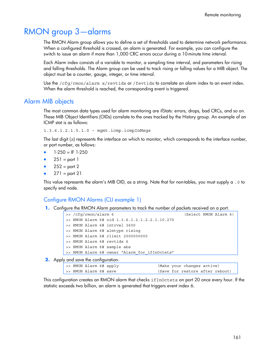 Rmon group 3—alarms, Alarm mib objects | HP 445946-001 User Manual | Page 161 / 198