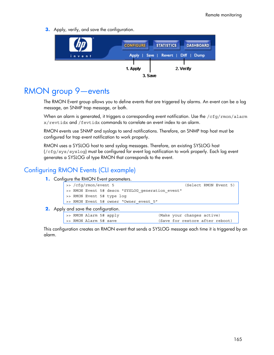 Rmon group 9—events, Configuring rmon events (cli example) | HP 445946-001 User Manual | Page 165 / 198