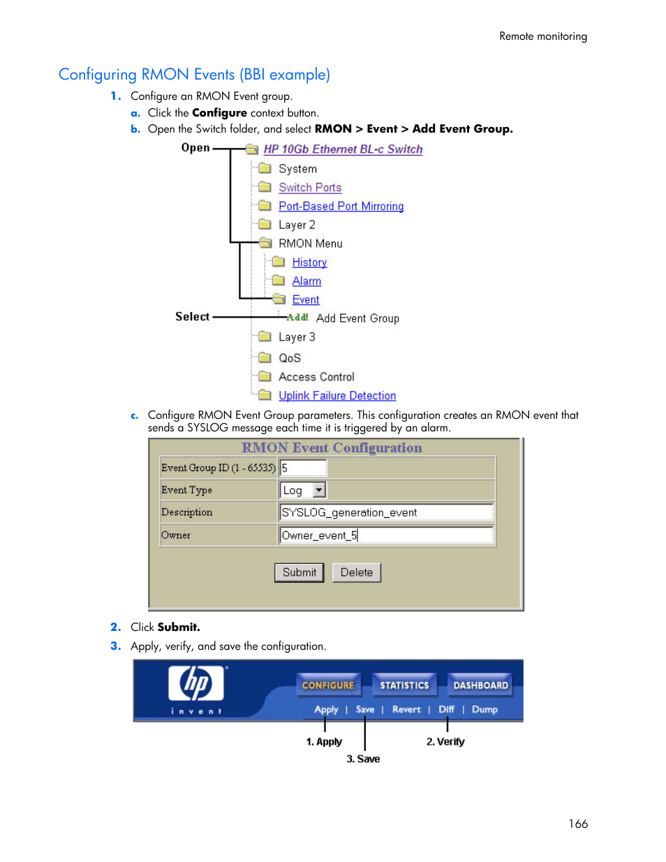 Configuring rmon events (bbi example) | HP 445946-001 User Manual | Page 166 / 198