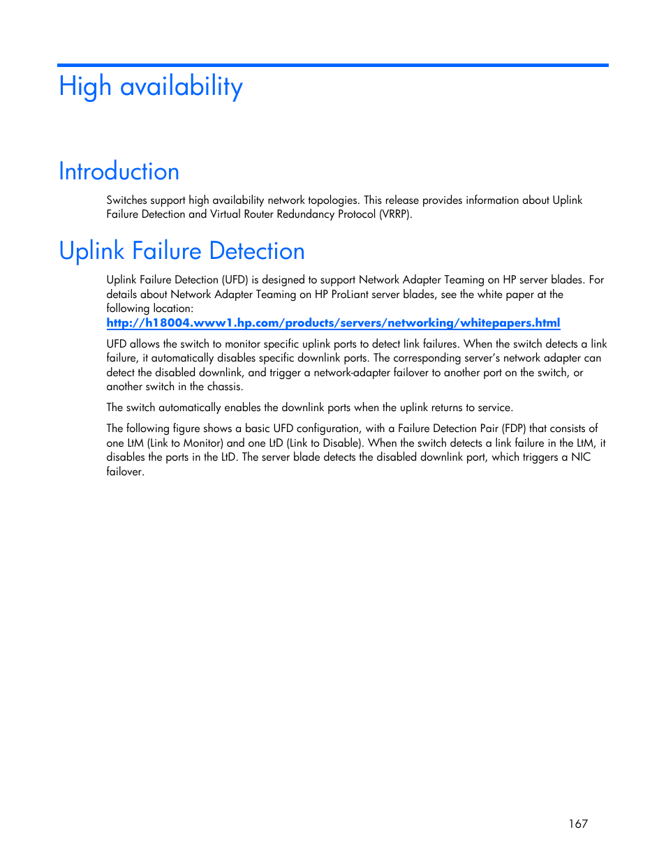 High availability, Introduction, Uplink failure detection | HP 445946-001 User Manual | Page 167 / 198