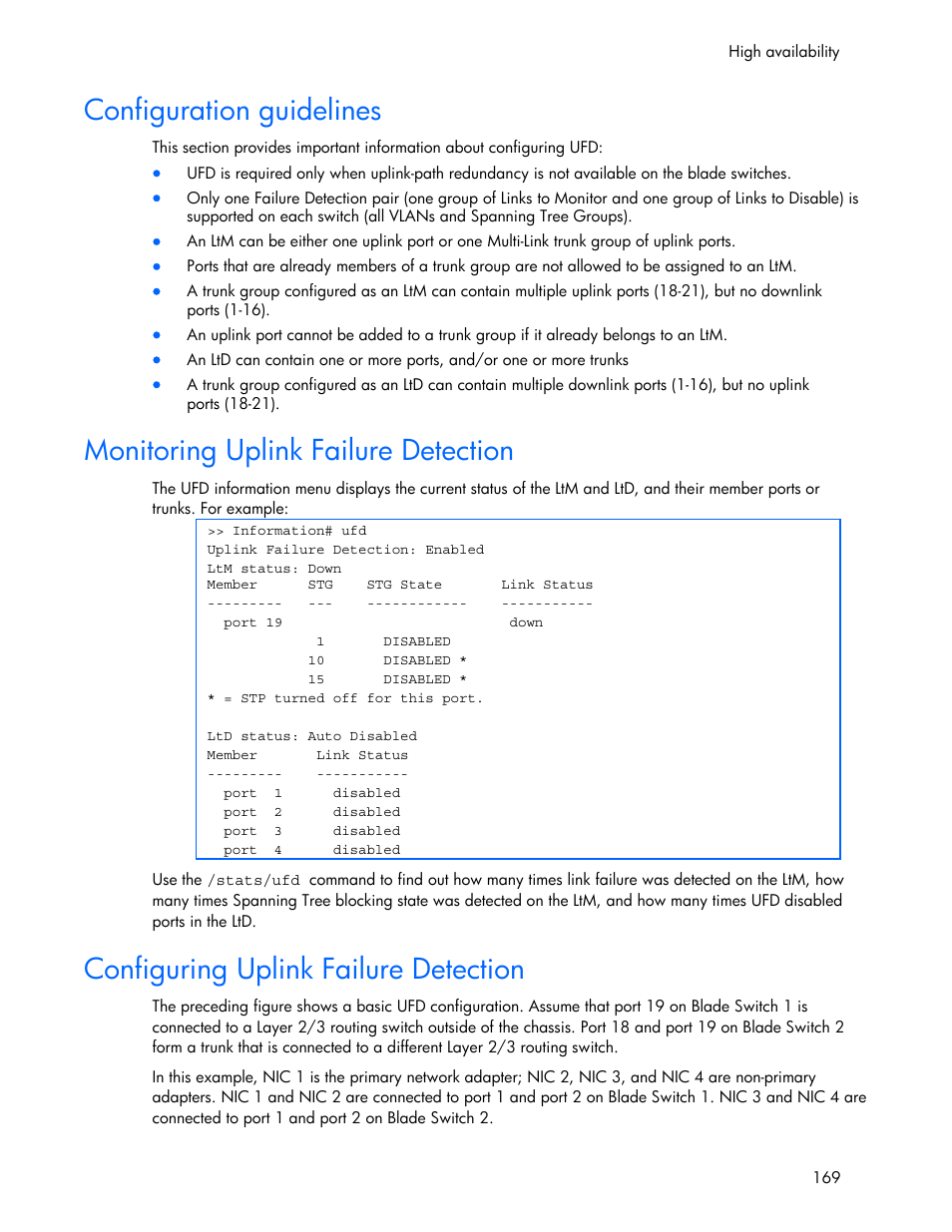 Configuration guidelines, Monitoring uplink failure detection, Configuring uplink failure detection | HP 445946-001 User Manual | Page 169 / 198