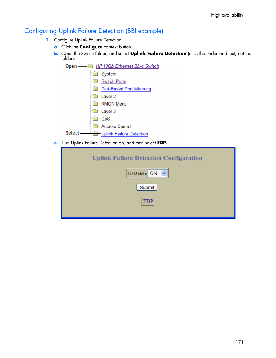 Configuring uplink failure detection (bbi example) | HP 445946-001 User Manual | Page 171 / 198
