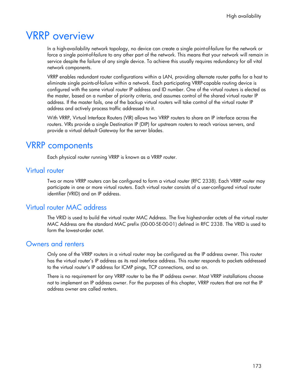 Vrrp components, Virtual router, Virtual router mac address | Owners and renters, Vrrp overview | HP 445946-001 User Manual | Page 173 / 198