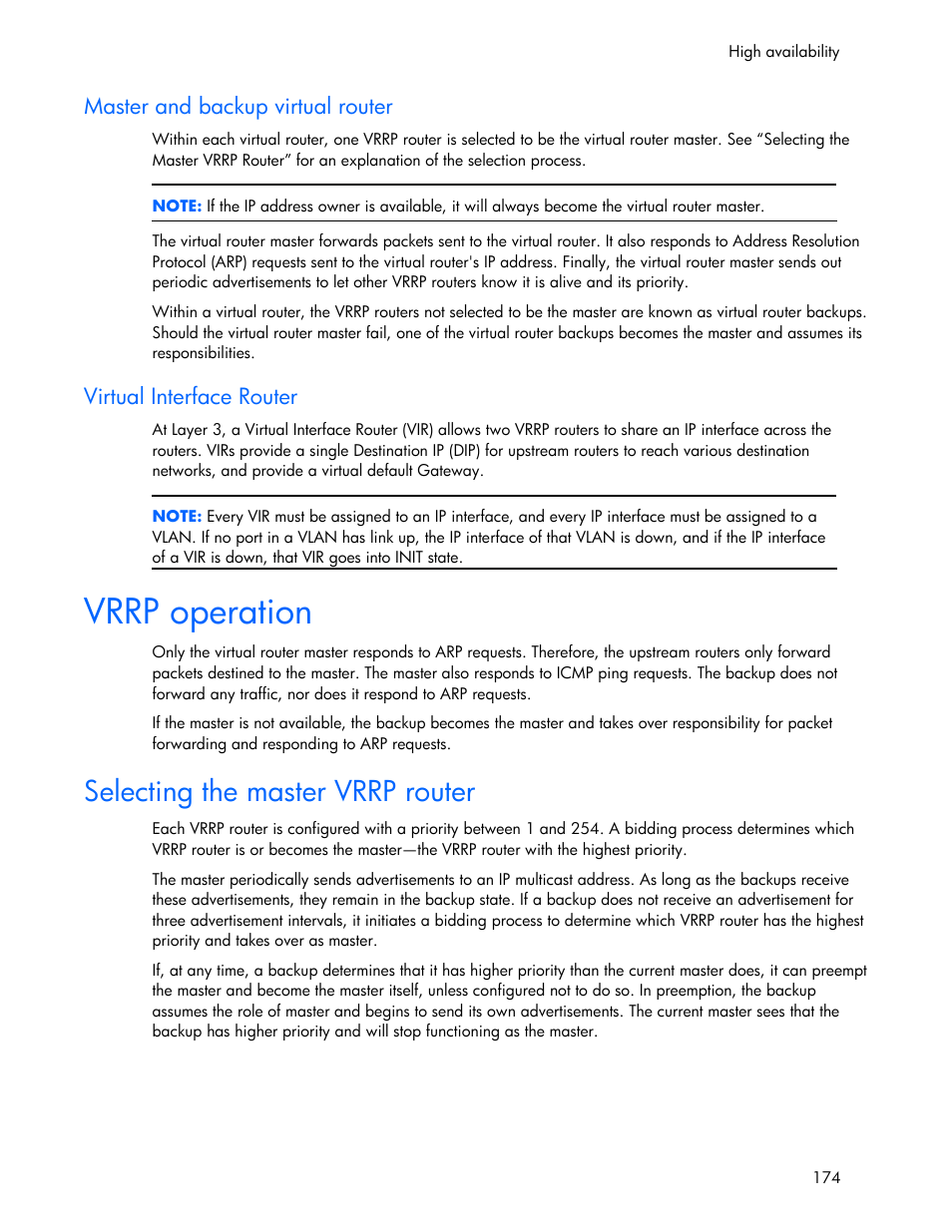 Master and backup virtual router, Virtual interface router, Selecting the master vrrp router | Vrrp operation | HP 445946-001 User Manual | Page 174 / 198