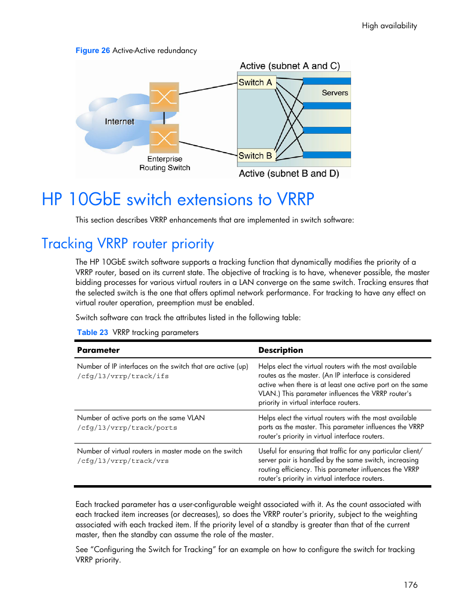 Tracking vrrp router priority, Hp 10gbe switch extensions to vrrp | HP 445946-001 User Manual | Page 176 / 198