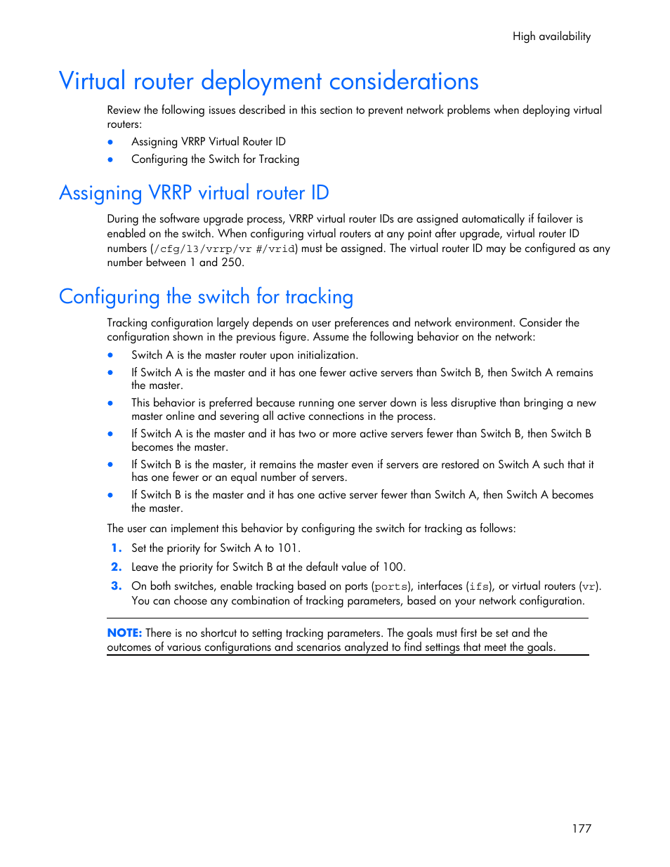 Assigning vrrp virtual router id, Configuring the switch for tracking, Virtual router deployment considerations | HP 445946-001 User Manual | Page 177 / 198