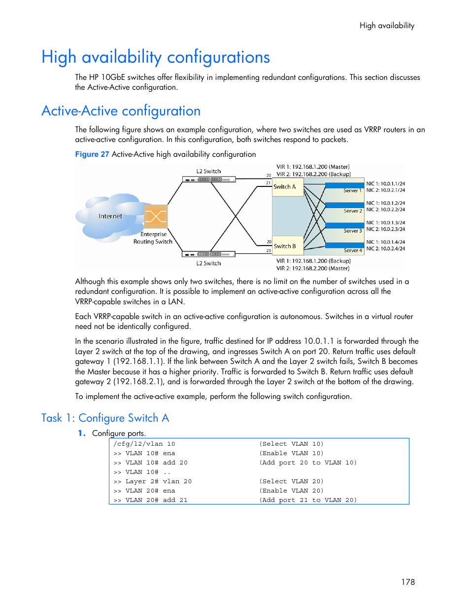 Active-active configuration, Task 1: configure switch a, High availability configurations | HP 445946-001 User Manual | Page 178 / 198