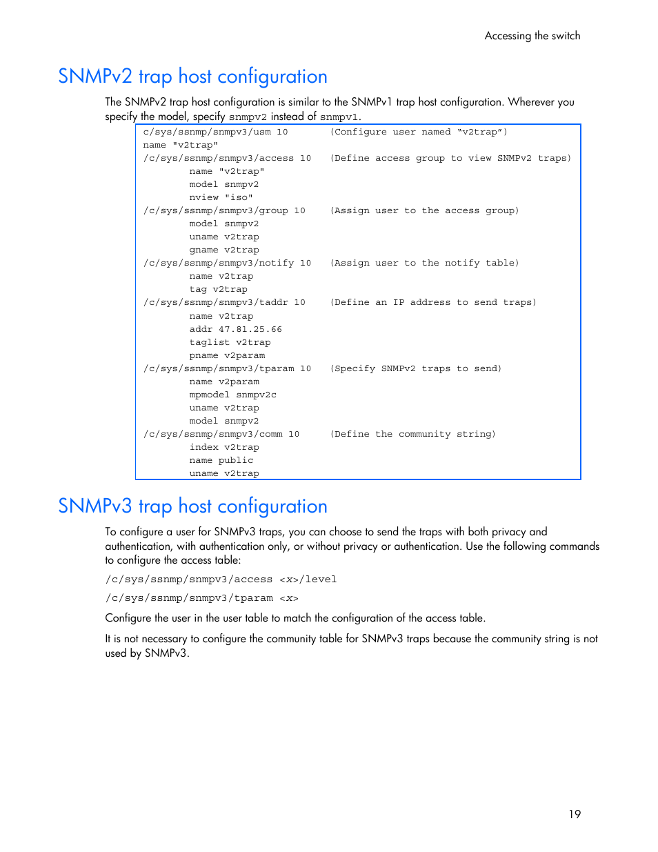 Snmpv2 trap host configuration, Snmpv3 trap host configuration | HP 445946-001 User Manual | Page 19 / 198