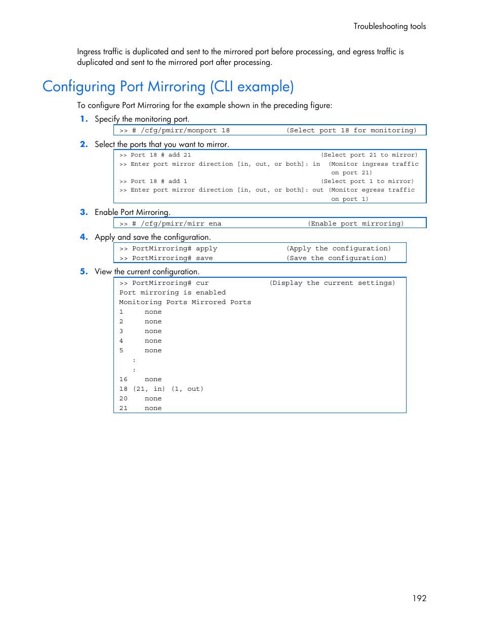 Configuring port mirroring (cli example) | HP 445946-001 User Manual | Page 192 / 198