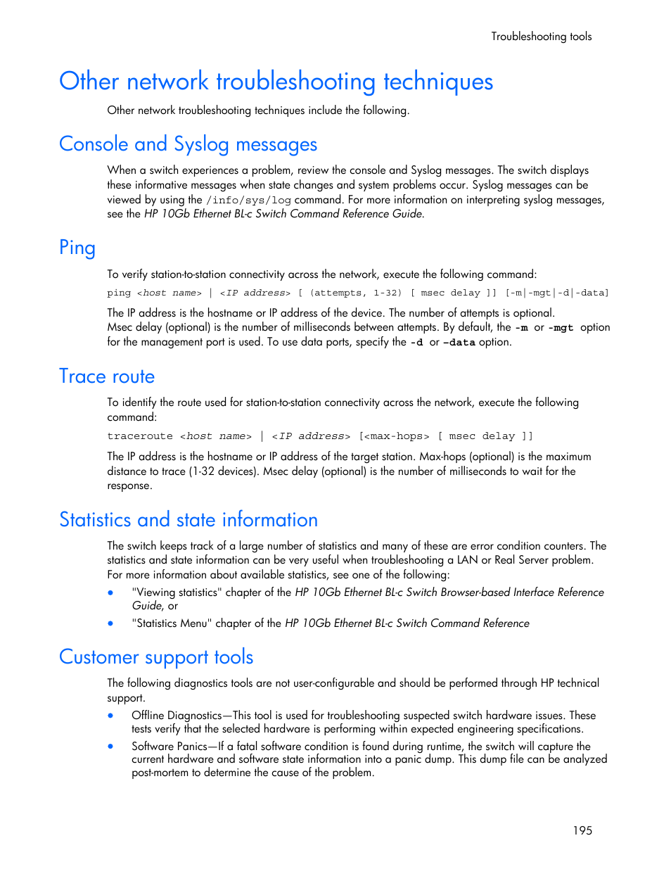 Console and syslog messages, Ping, Trace route | Statistics and state information, Customer support tools, Other network troubleshooting techniques | HP 445946-001 User Manual | Page 195 / 198