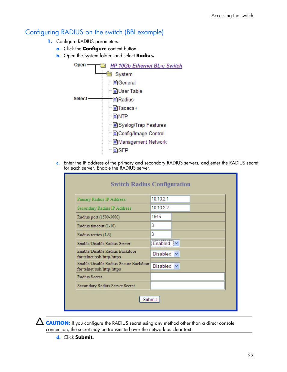 Configuring radius on the switch (bbi example) | HP 445946-001 User Manual | Page 23 / 198