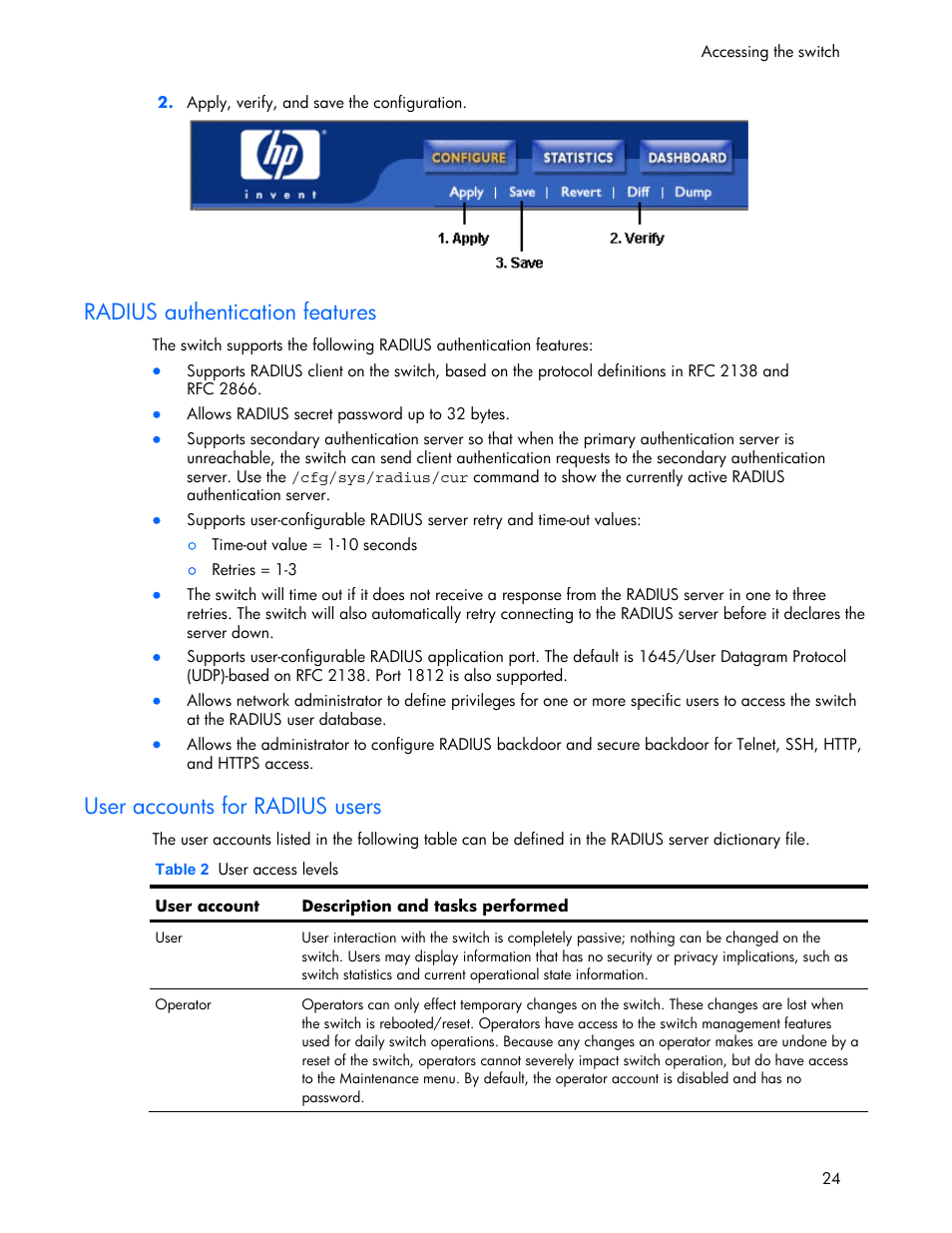 Radius authentication features, User accounts for radius users | HP 445946-001 User Manual | Page 24 / 198