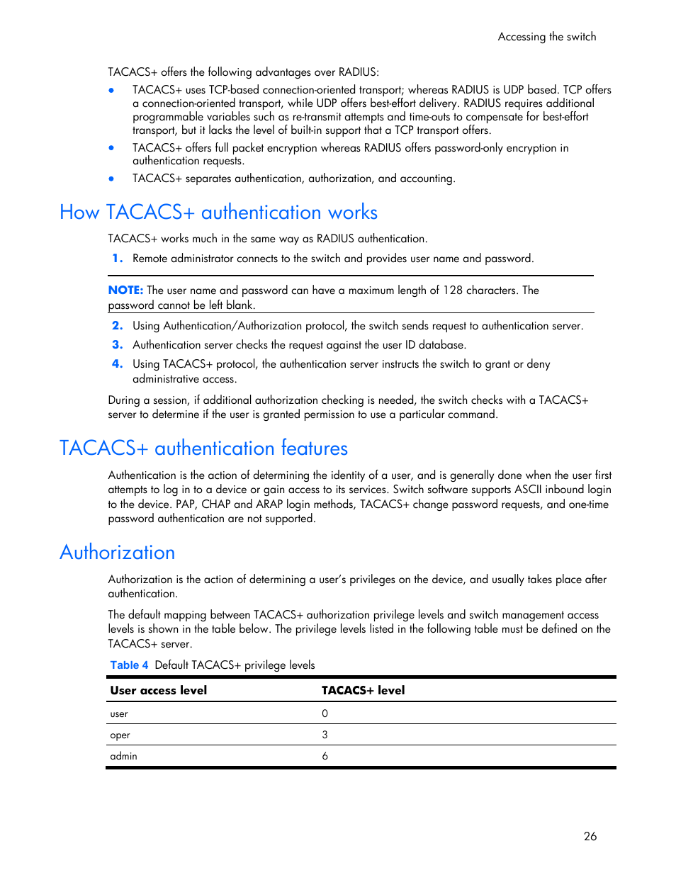 How tacacs+ authentication works, Tacacs+ authentication features, Authorization | HP 445946-001 User Manual | Page 26 / 198