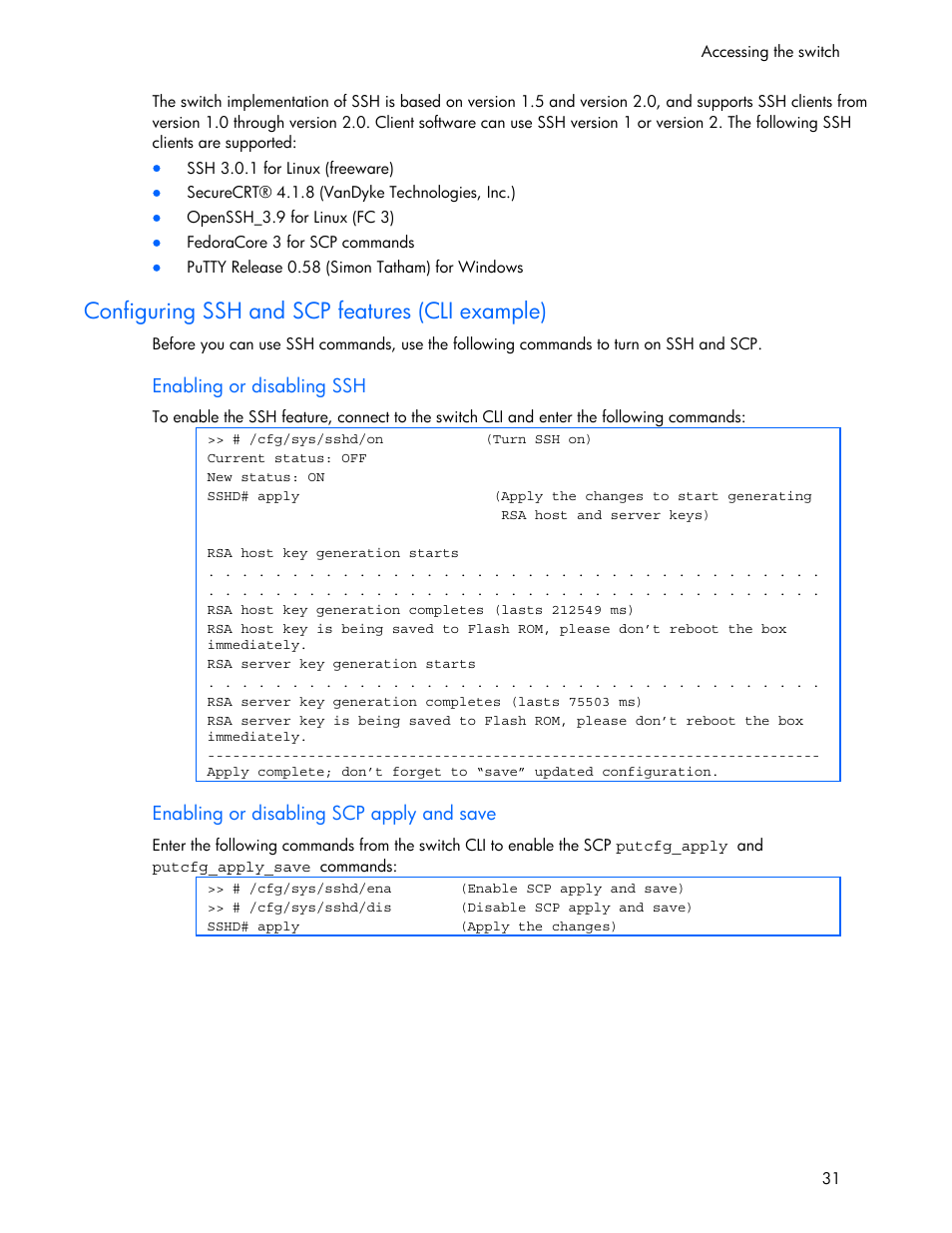 Configuring ssh and scp features (cli example) | HP 445946-001 User Manual | Page 31 / 198