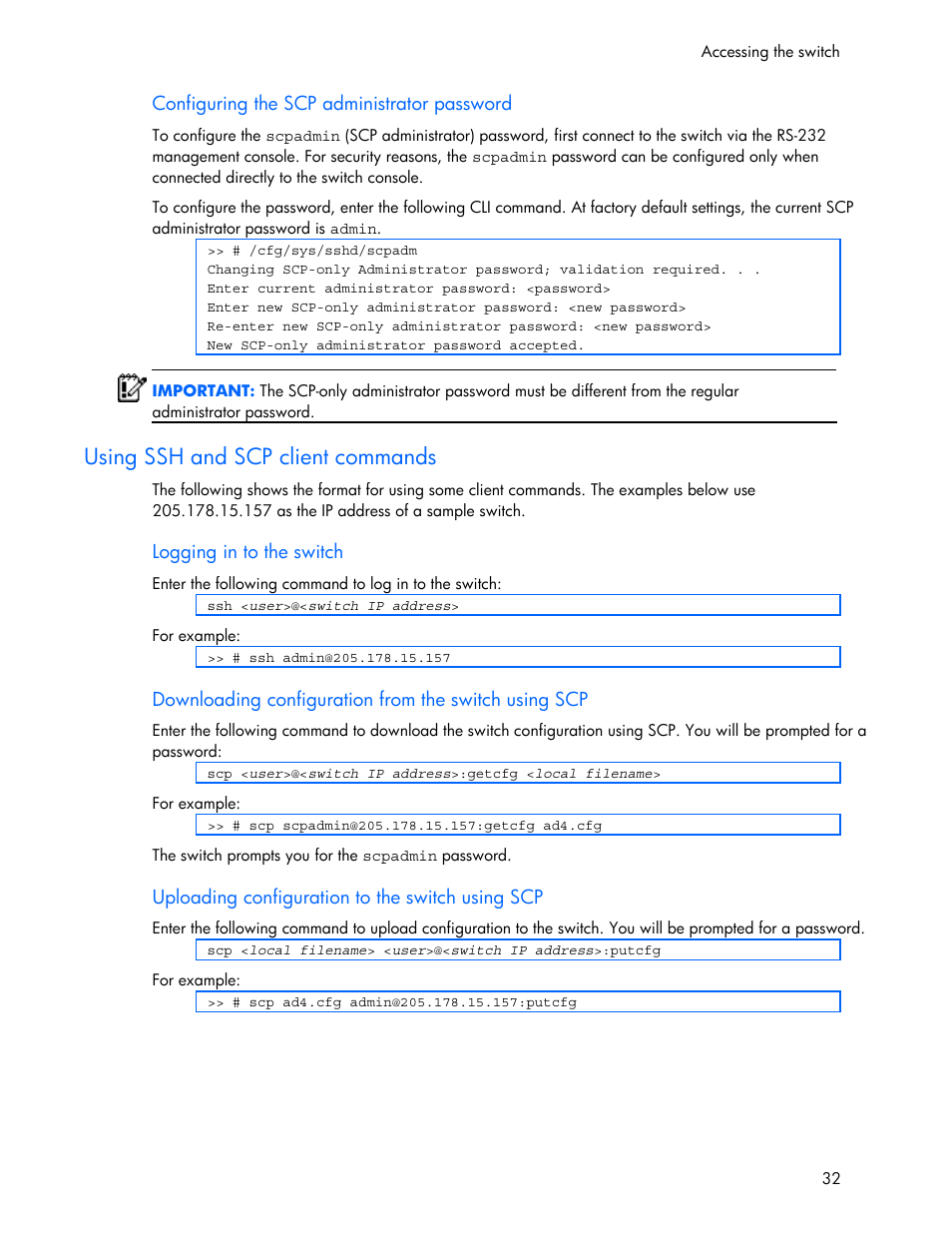 Using ssh and scp client commands | HP 445946-001 User Manual | Page 32 / 198