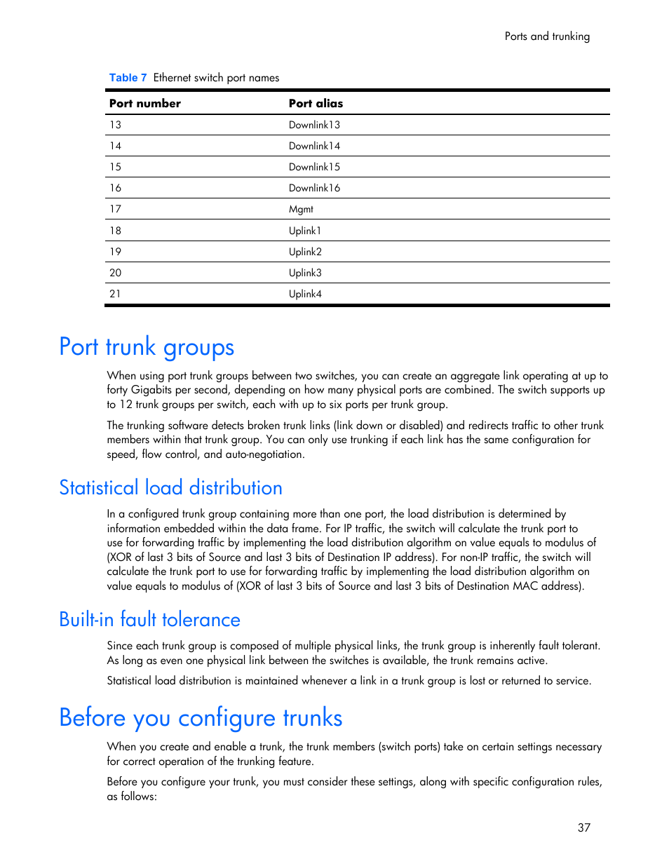 Statistical load distribution, Built-in fault tolerance, Port trunk groups | Before you configure trunks | HP 445946-001 User Manual | Page 37 / 198