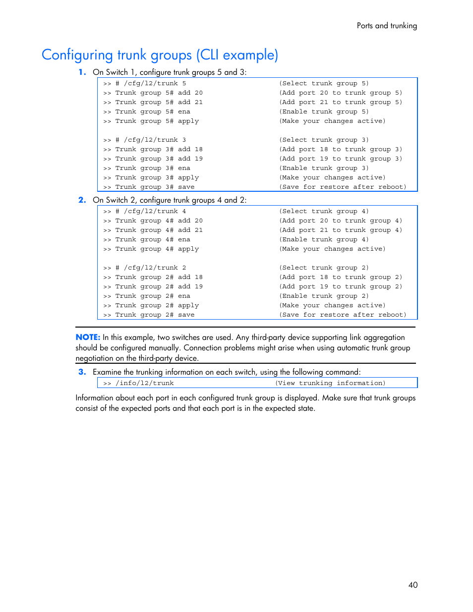 Configuring trunk groups (cli example) | HP 445946-001 User Manual | Page 40 / 198