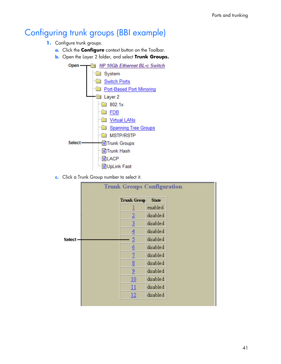 Configuring trunk groups (bbi example) | HP 445946-001 User Manual | Page 41 / 198