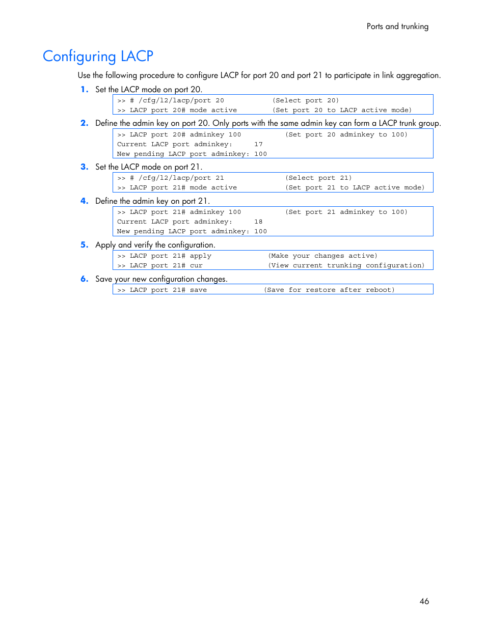 Configuring lacp | HP 445946-001 User Manual | Page 46 / 198