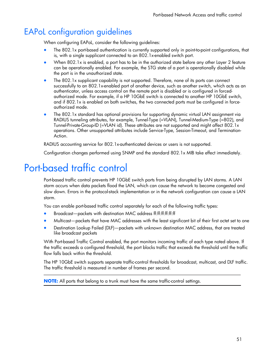 Eapol configuration guidelines, Port-based traffic control | HP 445946-001 User Manual | Page 51 / 198